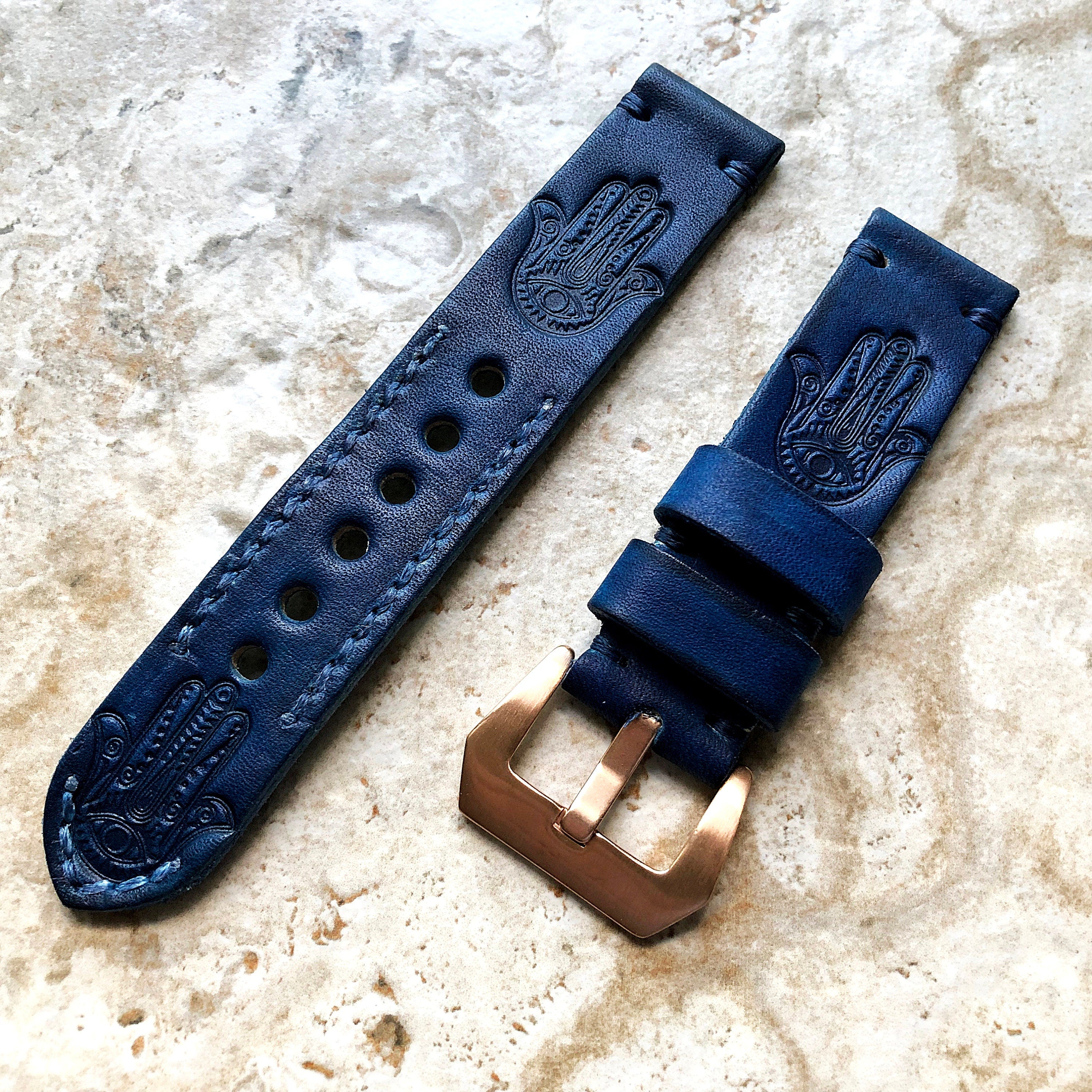 Hamsa Hamesh Band 22mm 24mm 25mm Embossed Genuine Leather Compatible with Apple Watch Fitbit Versa 2 3 4 Sense 2 Ionic Handmade Strap